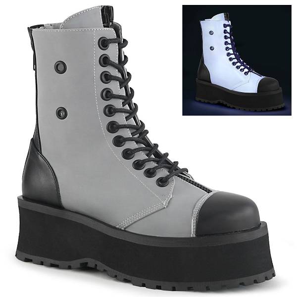 Demonia Men's Gravedigger-10 Platform Boots - Grey Reflective D1985-72US Clearance